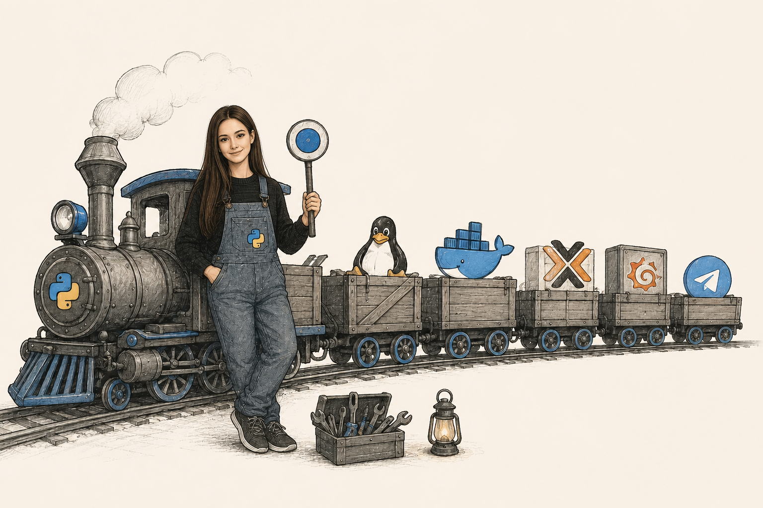 Иллюстрация Yehhi Aleksandra рядом с поездом технологий